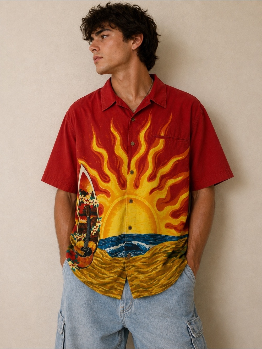 Vintage Ocean Pacific OP Hawaiian Shirt Medium Surf Sunset Beach Red Button Up